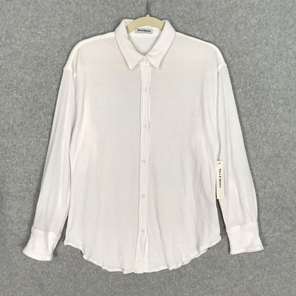 Theo Spence Crinkle Shirt XS Button Up Gauze Knit Preppy Beachy Resort Neutral